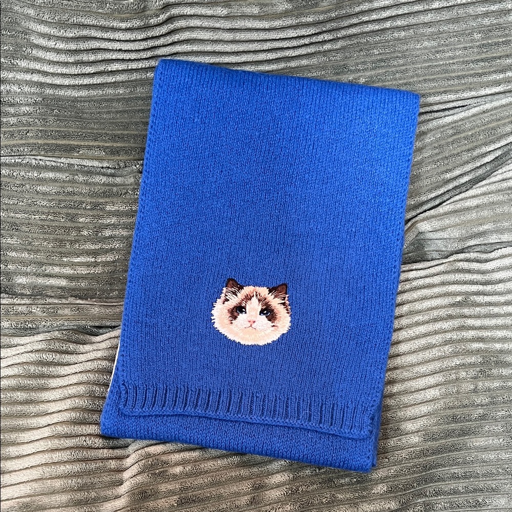 Blue Knit Scarf with Embroidered Cat Face